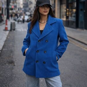 Whatlees NEW Blue Preppy Academia Notch Collar Double Breasted Coat Size XL